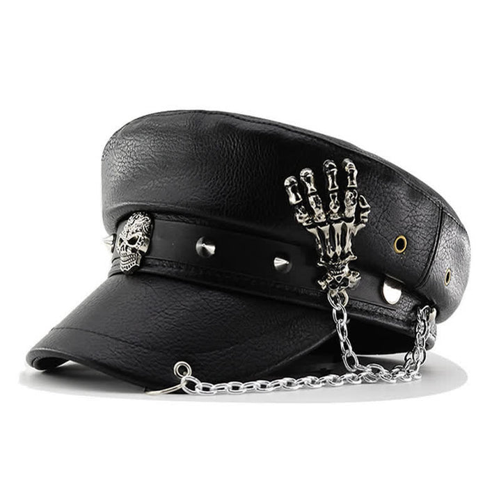 Béret en cuir style punk avec chaîne à tête de mort et squelette - Noir - M (22"-22 7/8") - image 0