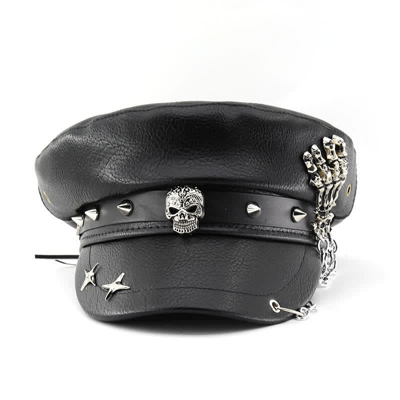 Béret en cuir style punk avec chaîne à tête de mort et squelette - image 1