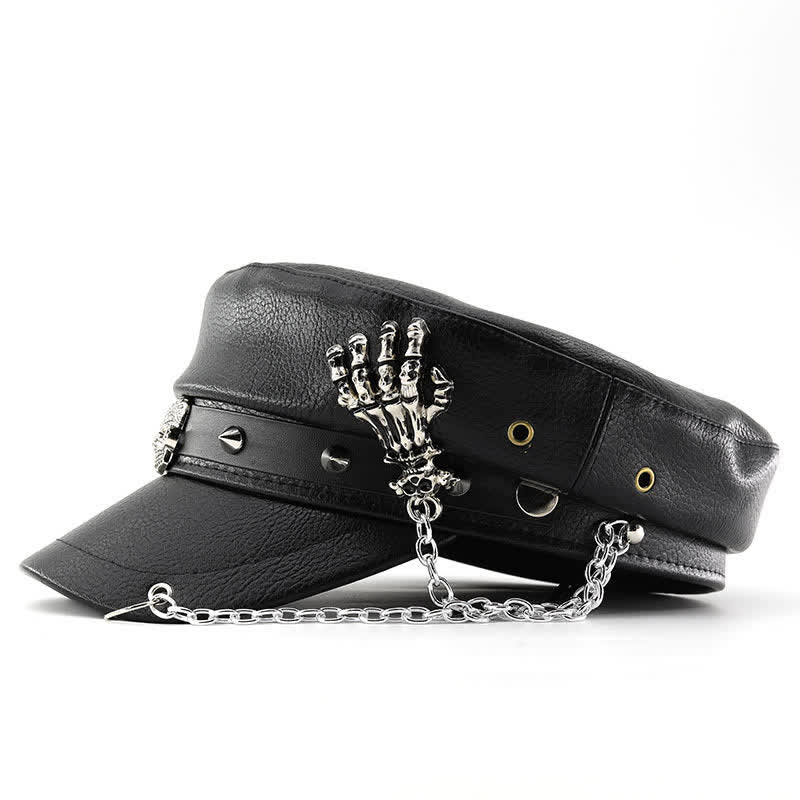 Béret en cuir style punk avec chaîne à tête de mort et squelette - image 2