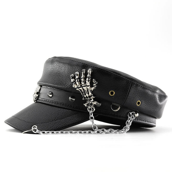Béret en cuir style punk avec chaîne à tête de mort et squelette - image 2