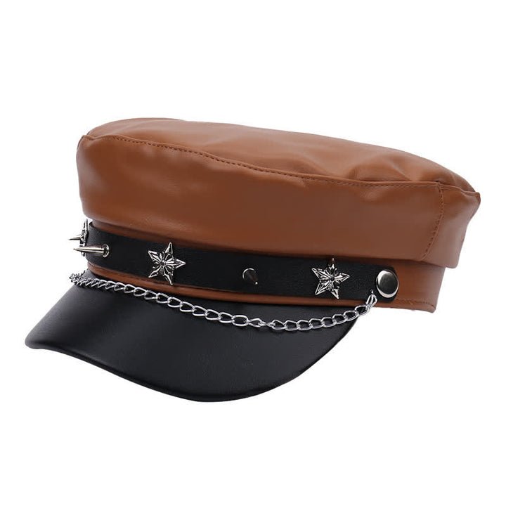 Béret en cuir bicolore à clous étoiles et chaînette - Café - M (22"-22 7/8") - image 10