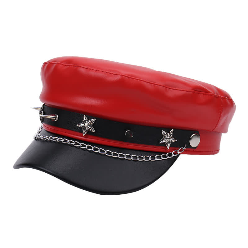 Béret en cuir bicolore à clous étoiles et chaînette - Rouge - M (22"-22 7/8") - image 8