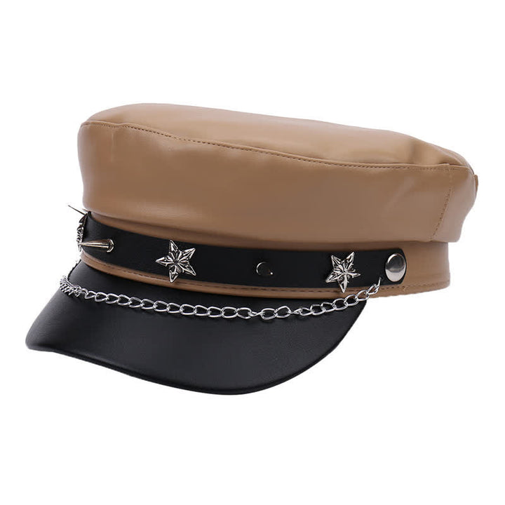 Béret en cuir bicolore à clous étoiles et chaînette - Kaki - M (22"-22 7/8") - image 0