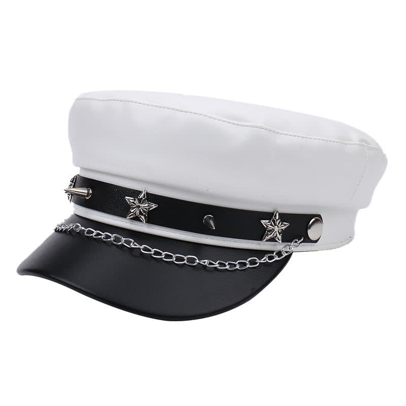 Béret en cuir bicolore à clous étoiles et chaînette - Blanc - M (22"-22 7/8") - image 7