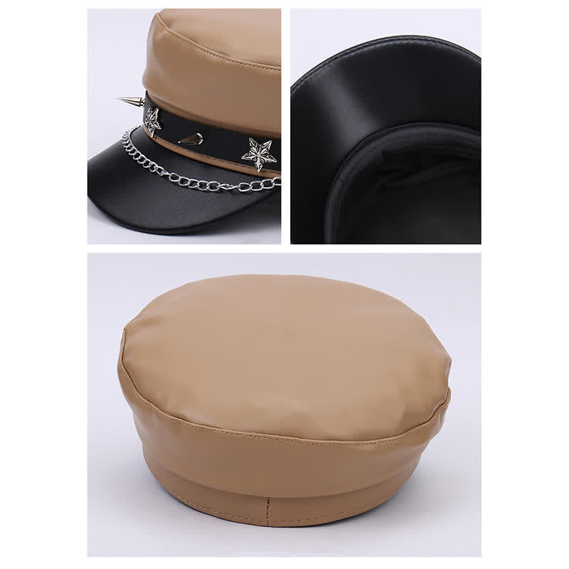 Béret en cuir bicolore à clous étoiles et chaînette - image 4