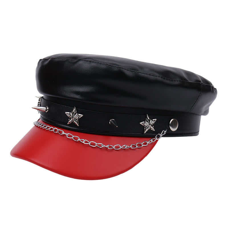 Béret en cuir bicolore à clous étoiles et chaînette - Noir - M (22"-22 7/8") - image 9