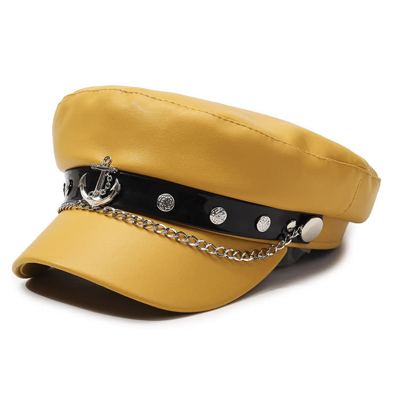 Béret en cuir de style militaire orné d'ancres et d'une chaînette - Jaune - M (22"-22 7/8") - image 2