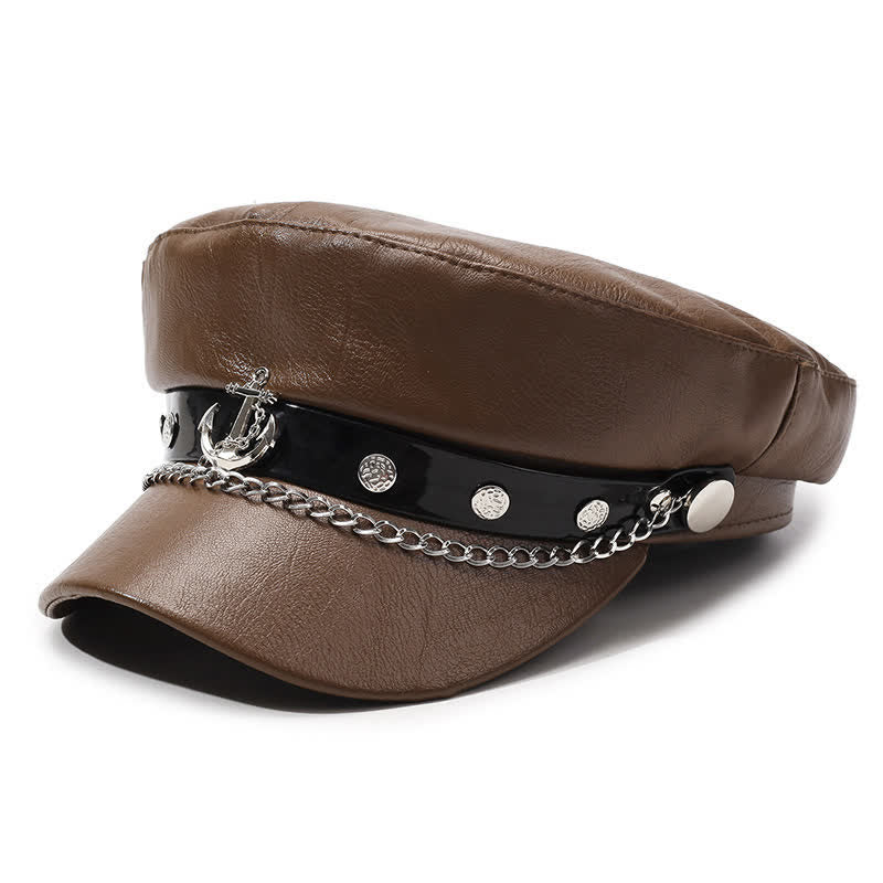 Béret en cuir de style militaire orné d'ancres et d'une chaînette - Brun - M (22"-22 7/8") - image 0