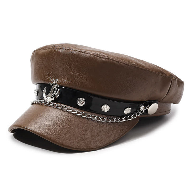 Béret en cuir de style militaire orné d'ancres et d'une chaînette - Brun - M (22"-22 7/8") - image 0