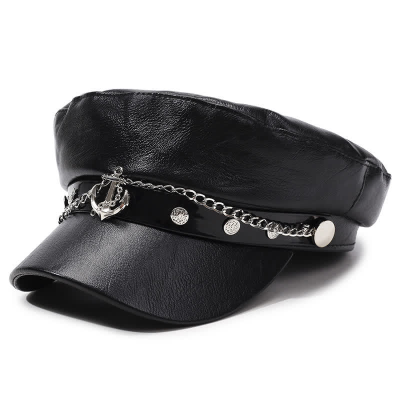 Béret en cuir de style militaire orné d'ancres et d'une chaînette - Noir - M (22"-22 7/8") - image 7