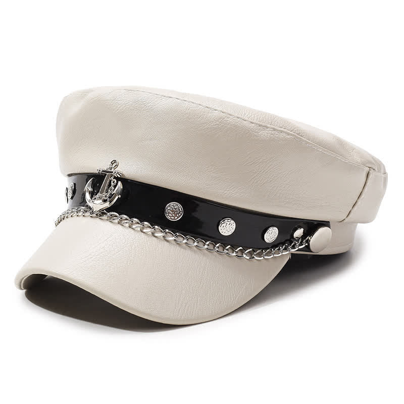 Béret en cuir de style militaire orné d'ancres et d'une chaînette - Blanc - M (22"-22 7/8") - image 8