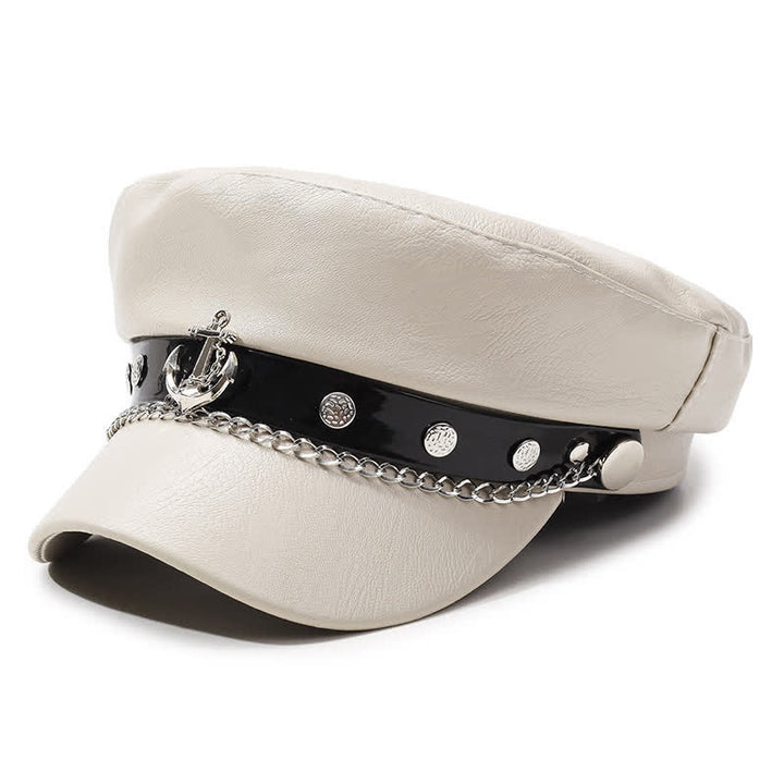 Béret en cuir de style militaire orné d'ancres et d'une chaînette - Blanc - M (22"-22 7/8") - image 8