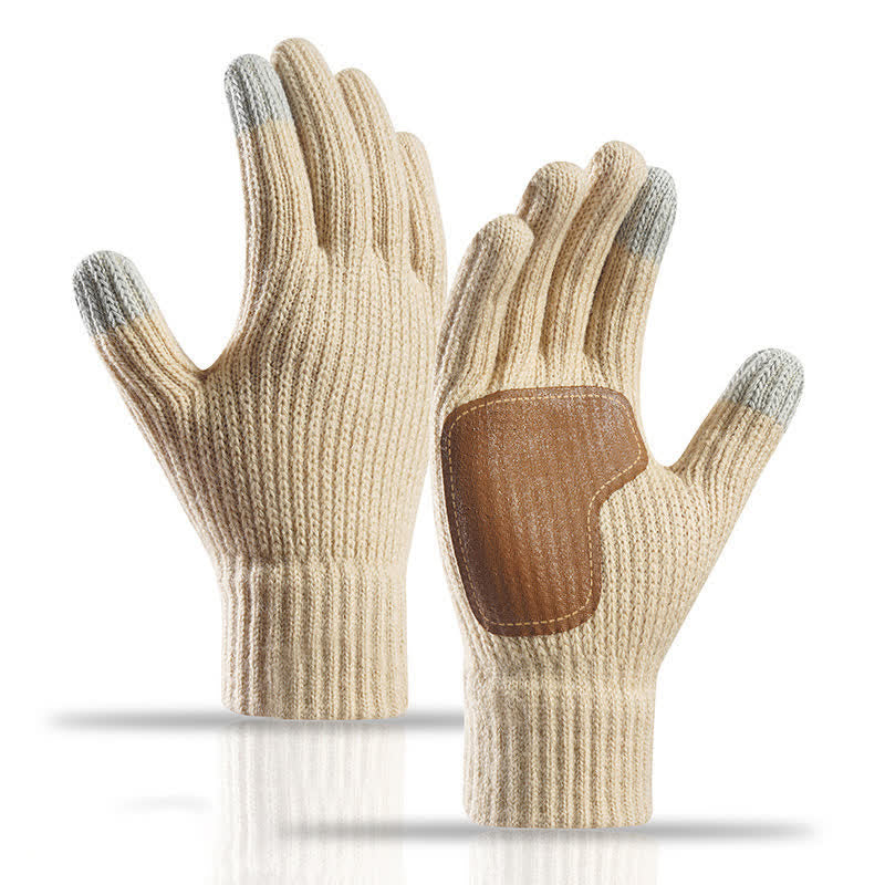 Gants tricotés chauds avec paume en cuir antidérapante et renforts antidérapants - Beige - image 9