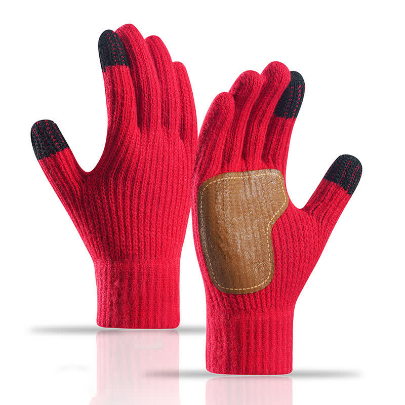 Gants tricotés chauds avec paume en cuir antidérapante et renforts antidérapants - Rouge - image 13