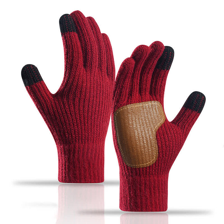 Gants tricotés chauds avec paume en cuir antidérapante et renforts antidérapants - Rouge vin - image 11