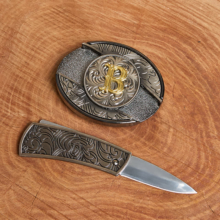 Ceinture en cuir bicolore avec boucle de couteau dissimulée et initiale à faire soi-même - image 1