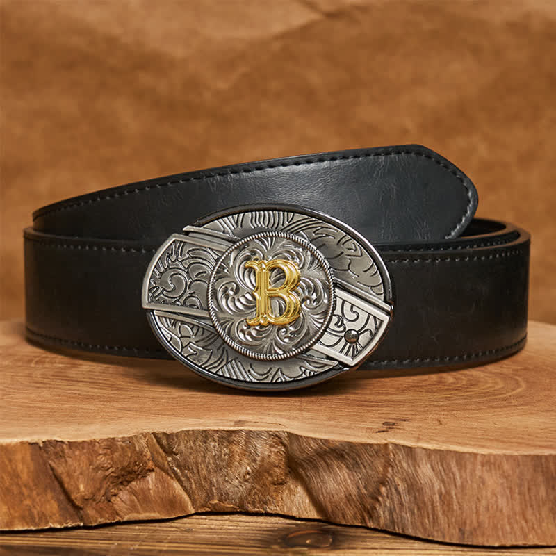 Ceinture en cuir bicolore avec boucle de couteau dissimulée et initiale à faire soi-même - B - Ceinture en cuir PU noir (40) - image 5