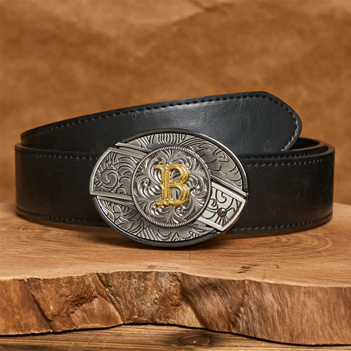 Ceinture en cuir bicolore avec boucle de couteau dissimulée et initiale à faire soi-même - B - Ceinture en cuir PU noir (40) - image 5
