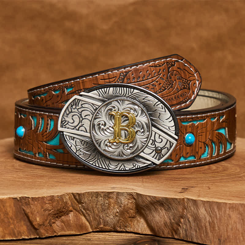 Ceinture en cuir bicolore avec boucle de couteau dissimulée et initiale à faire soi-même - B - Ceinture turquoise sculptée (40) - image 4