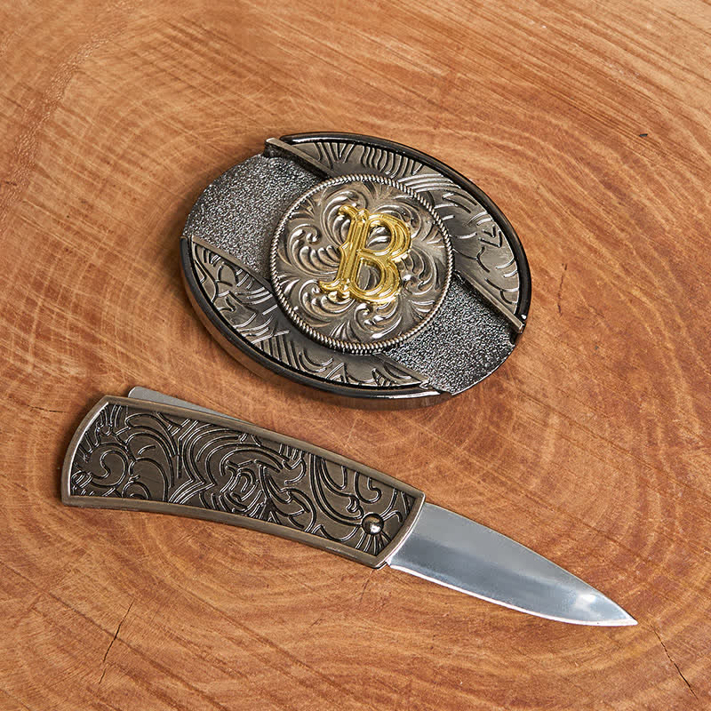 Ceinture en cuir bicolore avec boucle de couteau dissimulée et initiale à faire soi-même - image 1