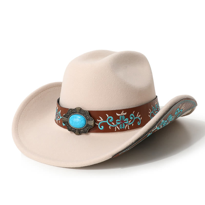 Chapeau de cowboy turquoise à écusson brodé pour homme avec ceinture à bord - Beige - M (22"-22 7/8") - image 1
