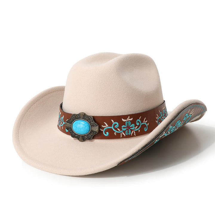 Chapeau de cowboy turquoise à écusson brodé pour homme avec ceinture à bord - Beige - M (22"-22 7/8") - image 1