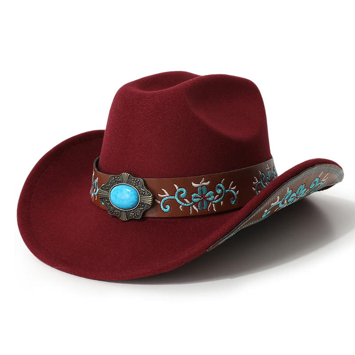 Chapeau de cowboy turquoise à écusson brodé pour homme avec ceinture à bord - Vin - M (22"-22 7/8") - image 4