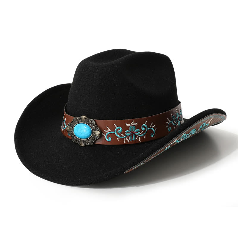 Chapeau de cowboy turquoise à écusson brodé pour homme avec ceinture à bord - Noir - M (22"-22 7/8") - image 0