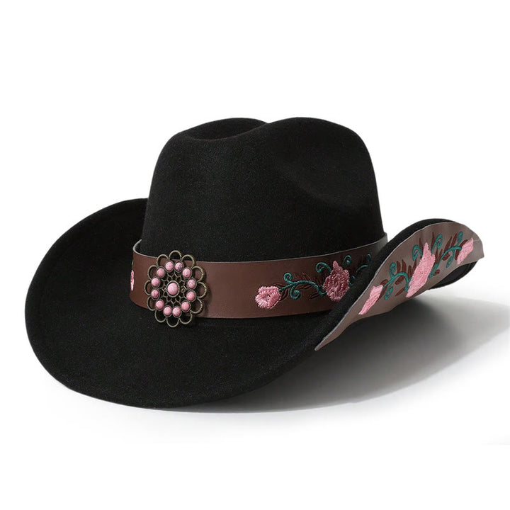 Chapeau de cowboy brodé de roses pour homme avec ceinture à bord - Noir - M (22"-22 7/8") - image 1