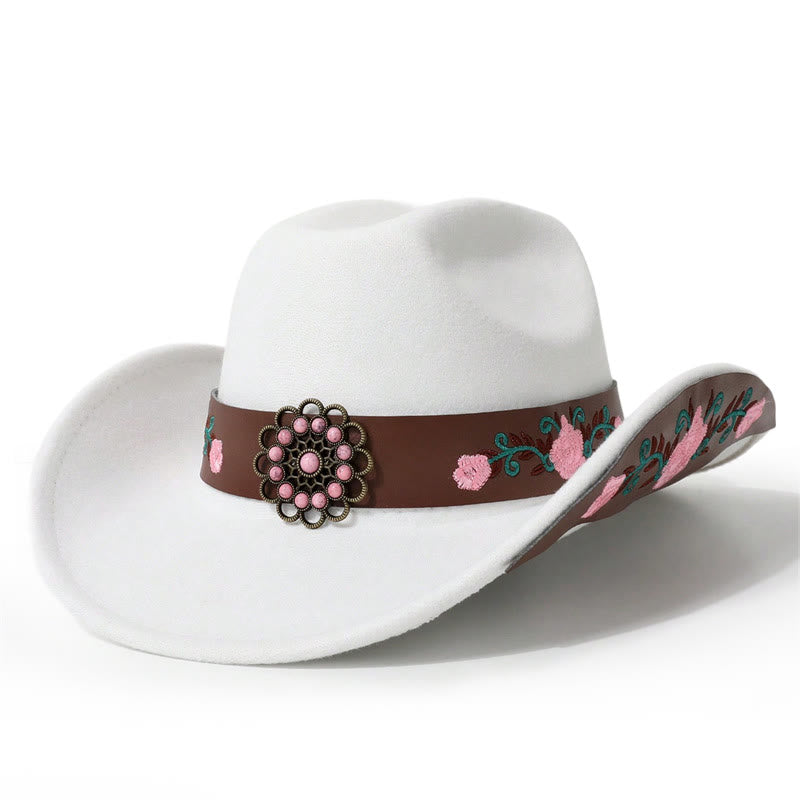 Chapeau de cowboy brodé de roses pour homme avec ceinture à bord - Blanc - M (22"-22 7/8") - image 0