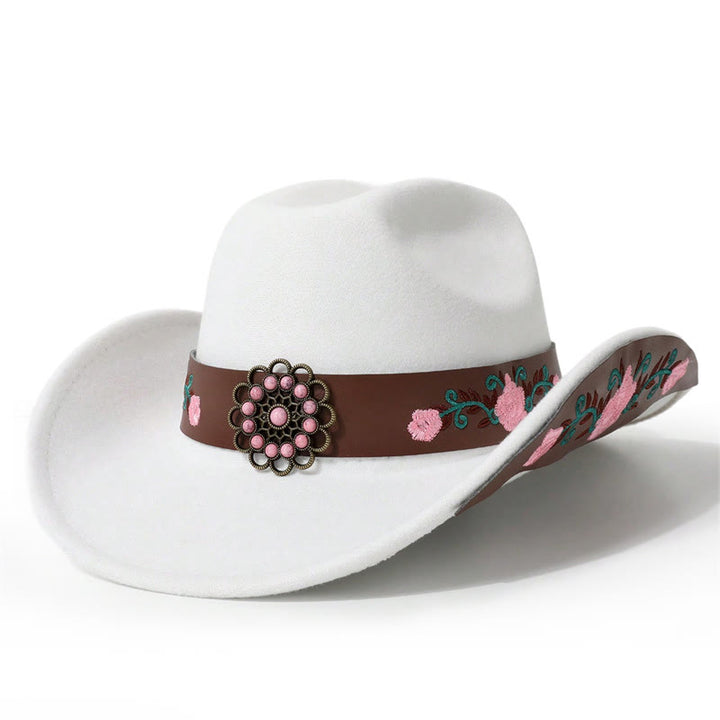 Chapeau de cowboy brodé de roses pour homme avec ceinture à bord - Blanc - M (22"-22 7/8") - image 0