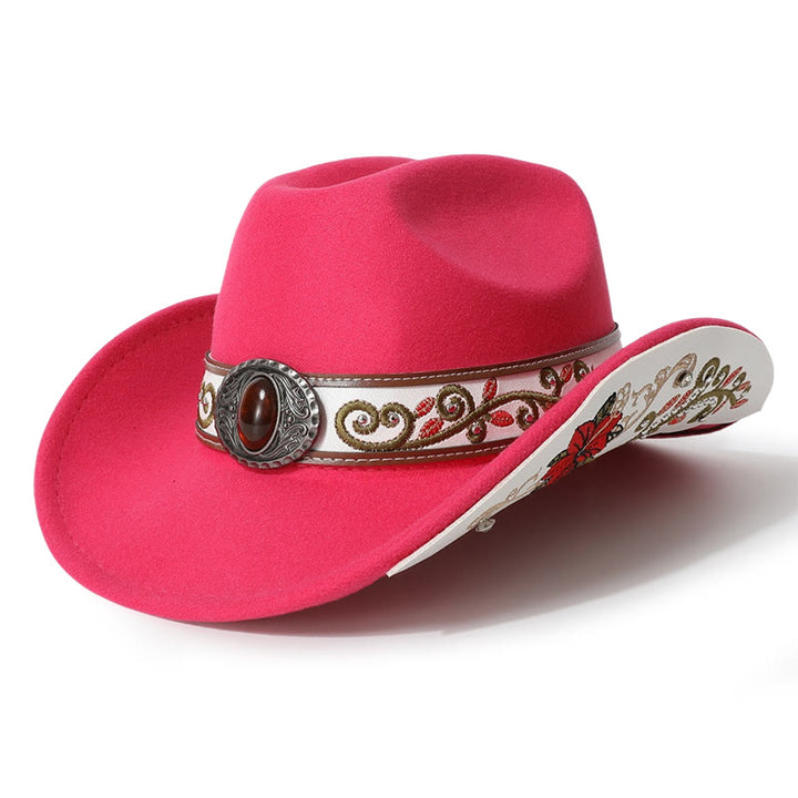 Chapeau de cowboy pour homme avec bord brodé de fleurs et ceinture rubis - Rose - M (22"-22 7/8") - image 1
