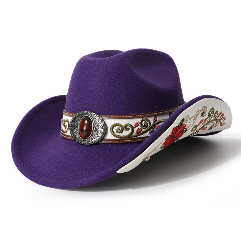 Chapeau de cowboy pour homme avec bord brodé de fleurs et ceinture rubis - Violet - M (22"-22 7/8") - image 3