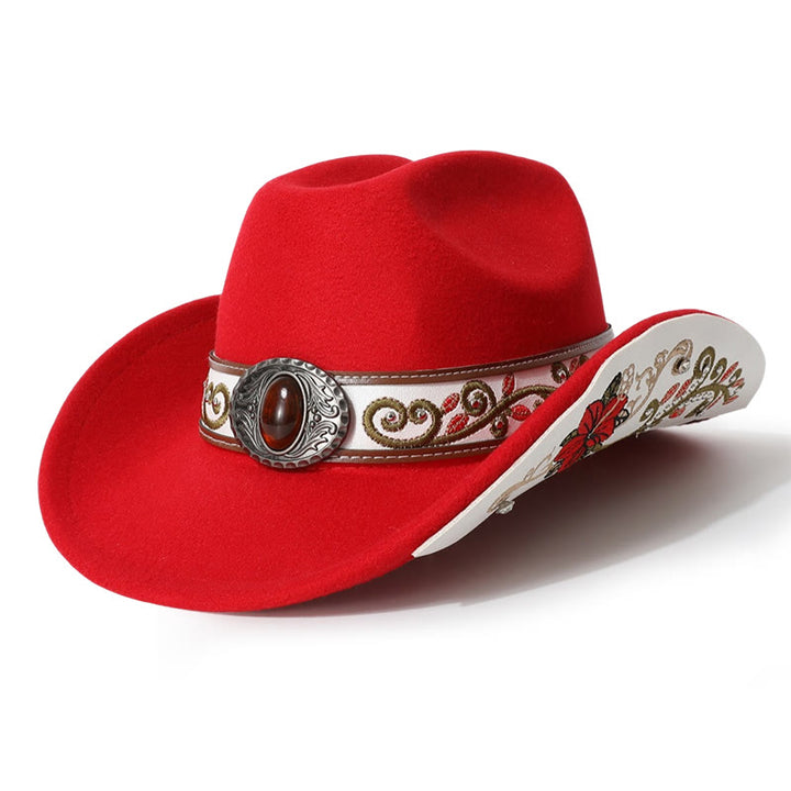 Chapeau de cowboy pour homme avec bord brodé de fleurs et ceinture rubis - Rouge - M (22"-22 7/8") - image 0