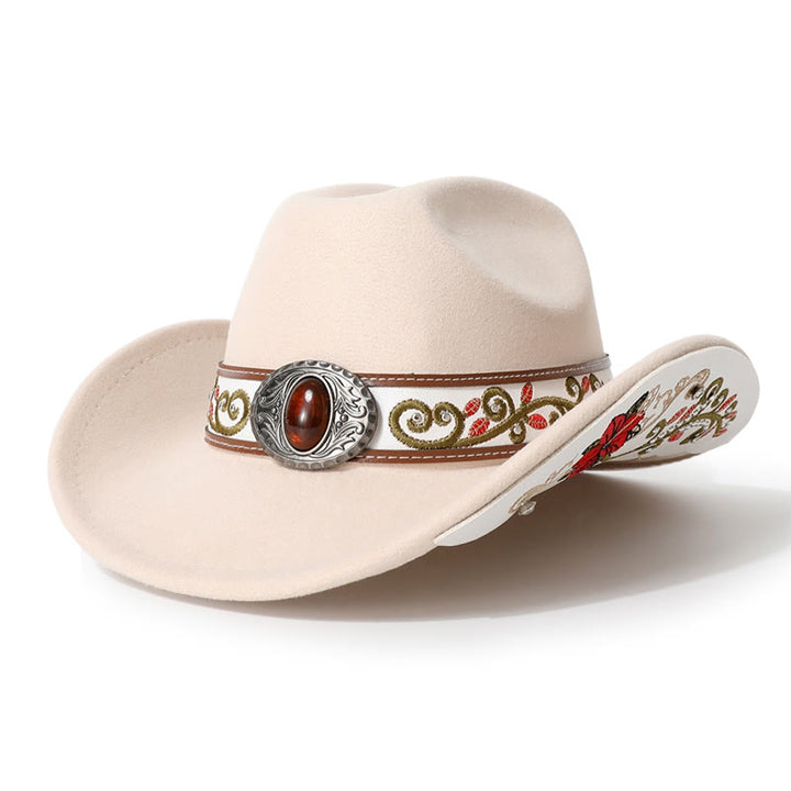 Chapeau de cowboy pour homme avec bord brodé de fleurs et ceinture rubis - Beige - M (22"-22 7/8") - image 6