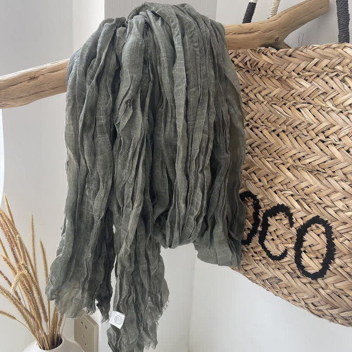 Écharpe en coton et lin texturé à plis chics, quatre saisons - Vert foncé - image 8