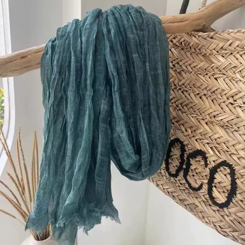 Écharpe en coton et lin texturé à plis chics, quatre saisons - DarkCyan - image 5