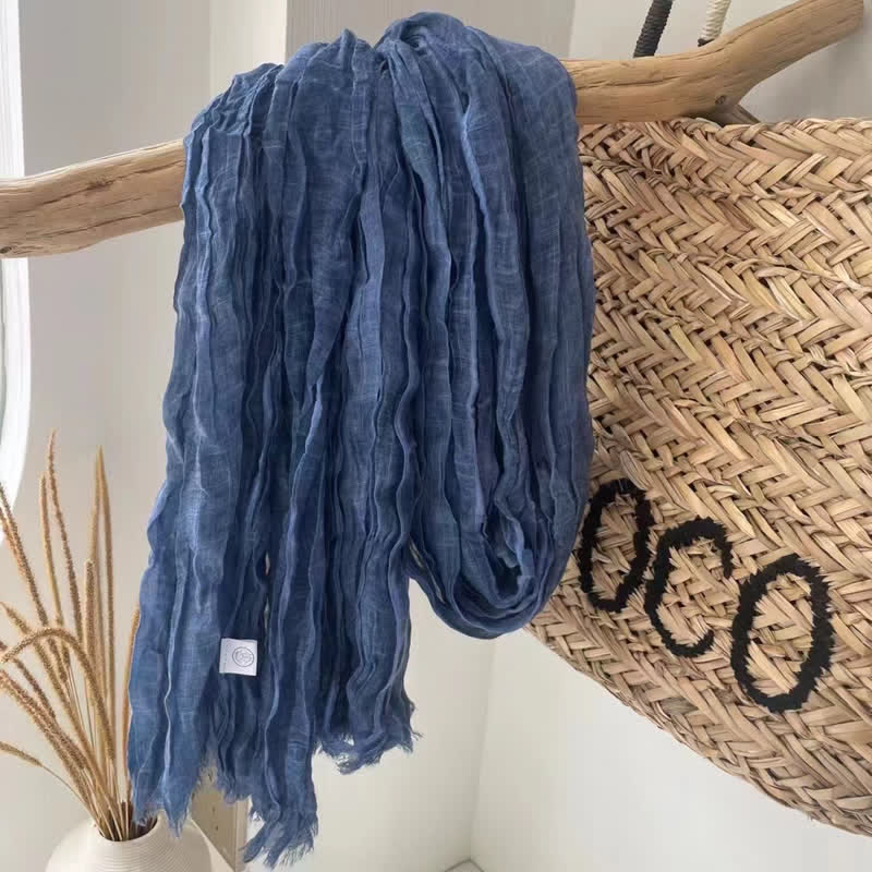 Écharpe en coton et lin texturé à plis chics, quatre saisons - Bleu - image 9