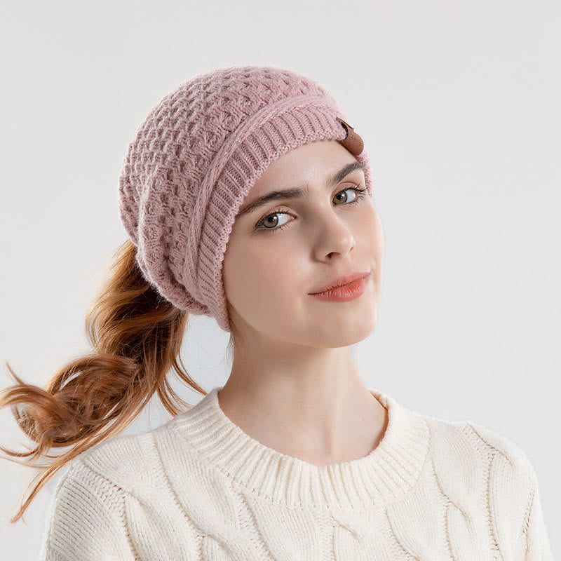 Bonnet d'hiver chaud en tricot pour femme, avec ouverture pour queue de cheval - Rose - Réglable (21 5/8"-23 5/8") - image 3