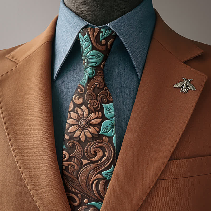 Cravate élégante pour homme, marron et turquoise à imprimé floral - Cravate - image 0