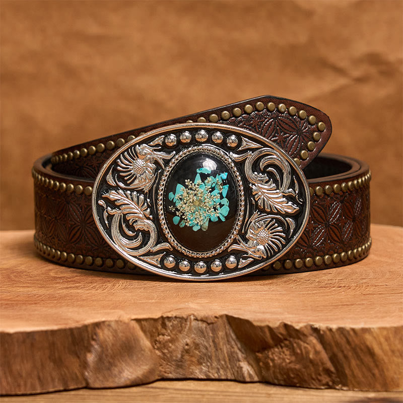 Ceinture en cuir argentée, noire, turquoise sculptée et fleurs avec boucle à faire soi-même - Ceinture à rivets marron - 42 - image 5