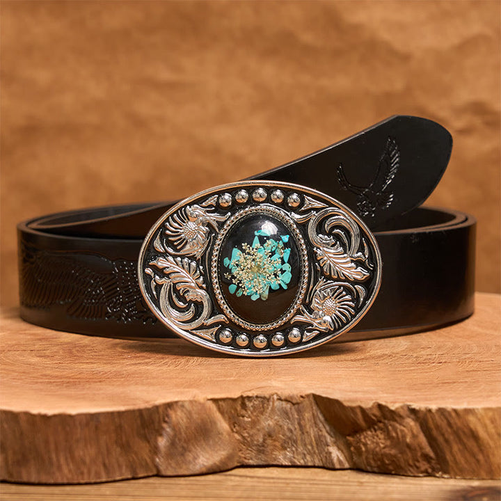 Ceinture en cuir argentée, noire, turquoise sculptée et fleurs avec boucle à faire soi-même - Ceinture noire à motif aigle en relief - 42 - image 3