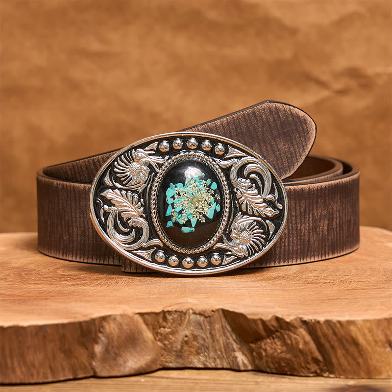 Ceinture en cuir argentée, noire, turquoise sculptée et fleurs avec boucle à faire soi-même - Ceinture marron vieillie - 42 - image 6
