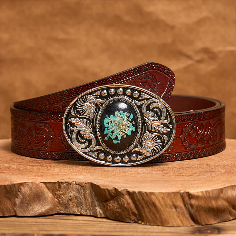 Ceinture en cuir argentée, noire, turquoise sculptée et fleurs avec boucle à faire soi-même - Ceinture sculptée marron - 42 - image 7
