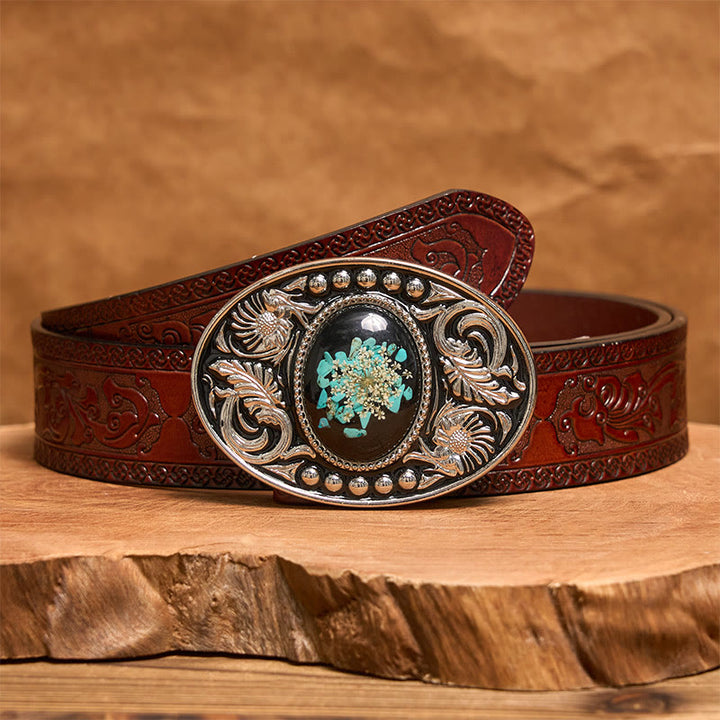 Ceinture en cuir argentée, noire, turquoise sculptée et fleurs avec boucle à faire soi-même - Ceinture sculptée marron - 42 - image 7