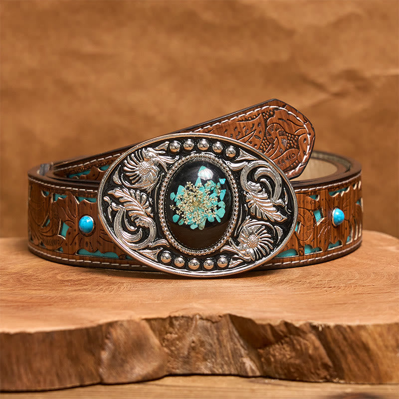 Ceinture en cuir argentée, noire, turquoise sculptée et fleurs avec boucle à faire soi-même - Ceinture turquoise sculptée - 42 - image 4