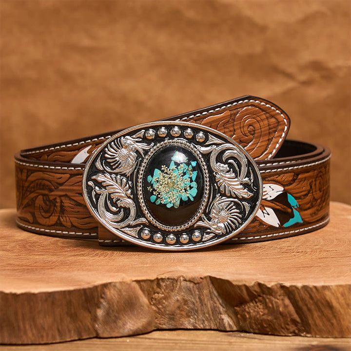 Ceinture en cuir argentée, noire, turquoise sculptée et fleurs avec boucle à faire soi-même - Ceinture de plumes brunes - 40 - image 8