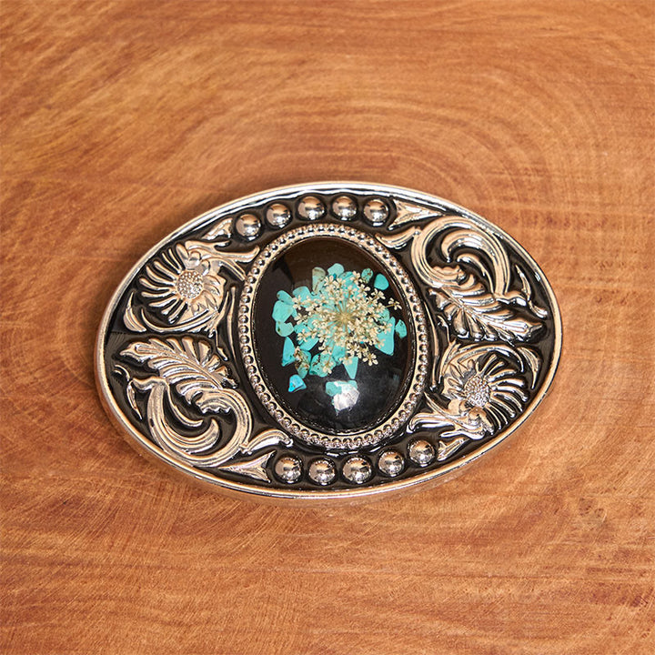Ceinture en cuir argentée, noire, turquoise sculptée et fleurs avec boucle à faire soi-même - image 1