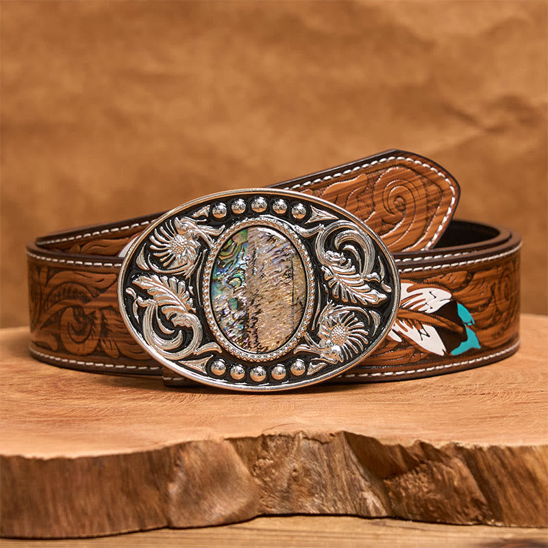 Ceinture en cuir avec boucle DIY en coquillage sculpté argent et noir - Ceinture de plumes brunes - 40 - image 8