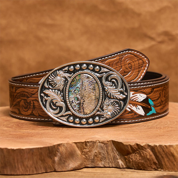 Ceinture en cuir avec boucle DIY en coquillage sculpté argent et noir - Ceinture de plumes brunes - 40 - image 8